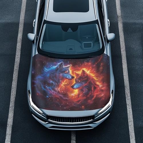 Image of Wolf and Flame Car Hood Cover Polyester Elastic Fabrics Can be Washed Suitable for Auto Car Truck, Van, SUV, Pickup,Car Accessories