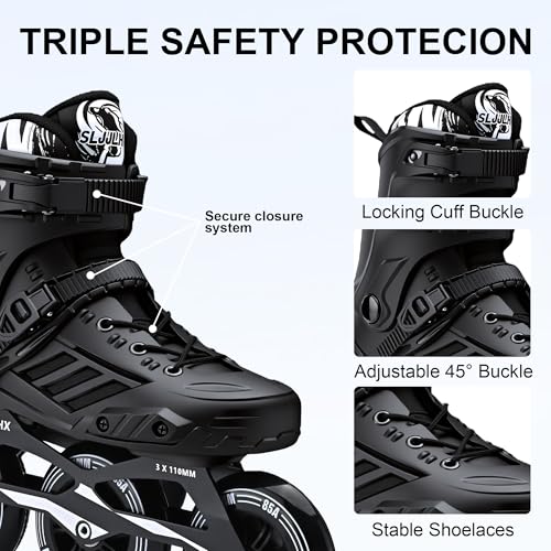 Image of 3 Wheels Inline Skates for Men Women, Professional Roller Skates Blades for Male Female,High Performance Adult Speed Skates with 110MM Wheels (Black, MEN7.5 /WOMEN8.5)