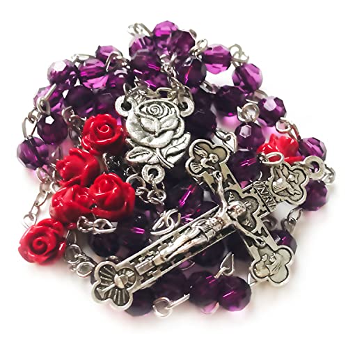 Lourdes Purple Crystal Cut Red Rose Catholic Rosary Beads for Women - Necklace and Gift