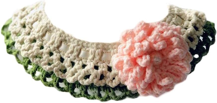Handmade Crochet Cat Necklace Cute Pink Flower Dog Collar Green Small Pet Knitted Collar Scarf Bib