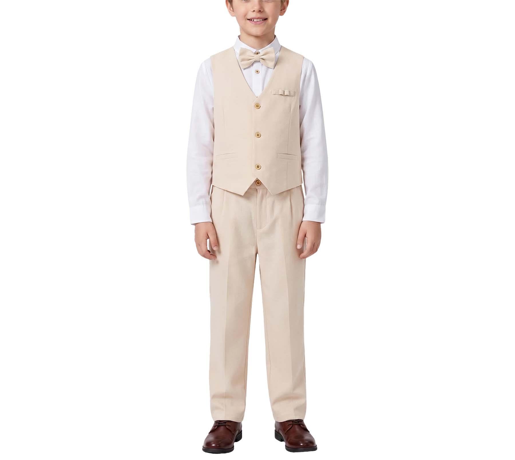 LOLANTA Kinder Hochzeitsanzug Leinen Weste Hose Set 4-teilig