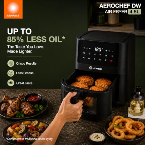 Image of Ledvance Air Fryer with viewing window | 4.5L Capacity & 1450W | 10 in 1 Functions | Digital & Touch Panel | Rapid Air Circulation | 85% Less Oil | In Built Light | 9 in 1 Preset Menus |2 Yr Warranty