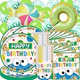 ballons d'anniversaire 1 Lot de 78 pièces de vaisselle de fête à biscuits pour enfants, motif dessin animé, décoration de fête d\'anniversaire, vaisselle aquarelle comprenant assiettes, tasses, mouchoirs, serviettes, nappe