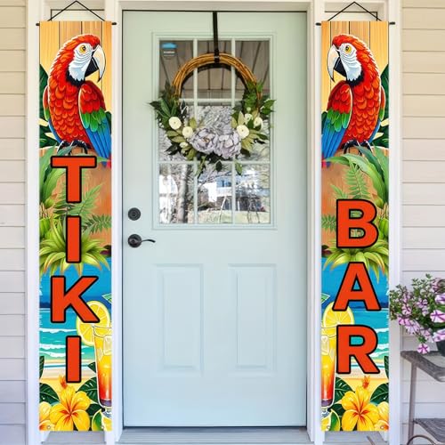 Image of Tiki Bar Banner for Luau Party Decorations with Parrot and Tropical Cocktails Summer Beach Backdrop Sign Outdoor Aloha Hawaiian Porch Welcome Decor 71x12 Inch