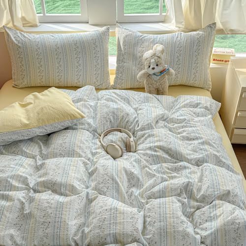 Covebett Duvet Cover Sets Double Size Blue Yellow Flowers Floral Striped Reversible Microfibre Bedding Set Botanical Aesthetic Girls Quilt Cover 200x200 with Zipper Closure and 2 Pillowcase 50x75 cm - Image 2
