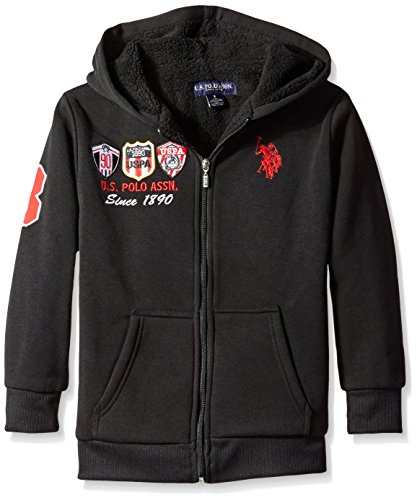 U.S. Polo Assn. Boys' Big Fleece Jacket with Sherpa Lining, Black/Red/White, 14/16