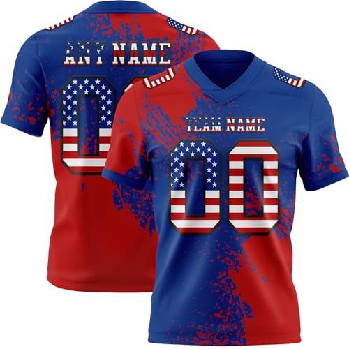 Personalized Jerseys Stitched American Flag Pattern Name Number Football Practice Tees for Adults and Teens, Custom Royal Blue Red Team Shirts for Rugby Sports, Design Short Sleeve Training Uniforms