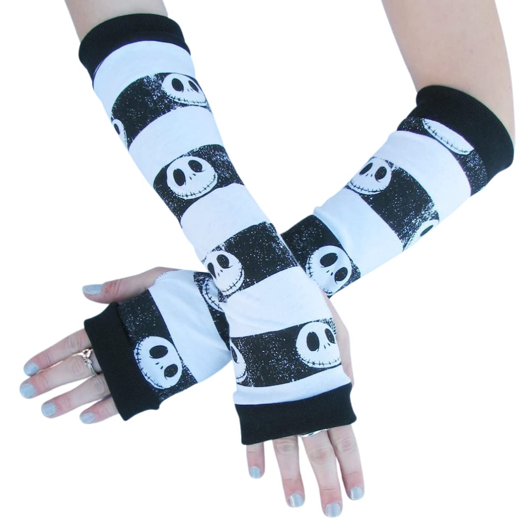 Jack Skeleton Striped Arm Warmers Gloves Nightmare Halloween Skulls Black Aqua Purple White