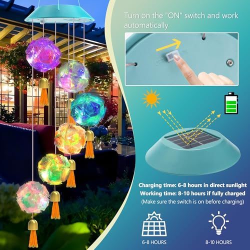 Image of Toodour Solar Wind Chime, Color Changing Hydrangea Ball Wind Chimes LED Decorative Mobile Waterproof Outdoor Solar Lights Gifts for Mom Grandma, Garden, Patio, Yard, Window Decoration Birthday Gift