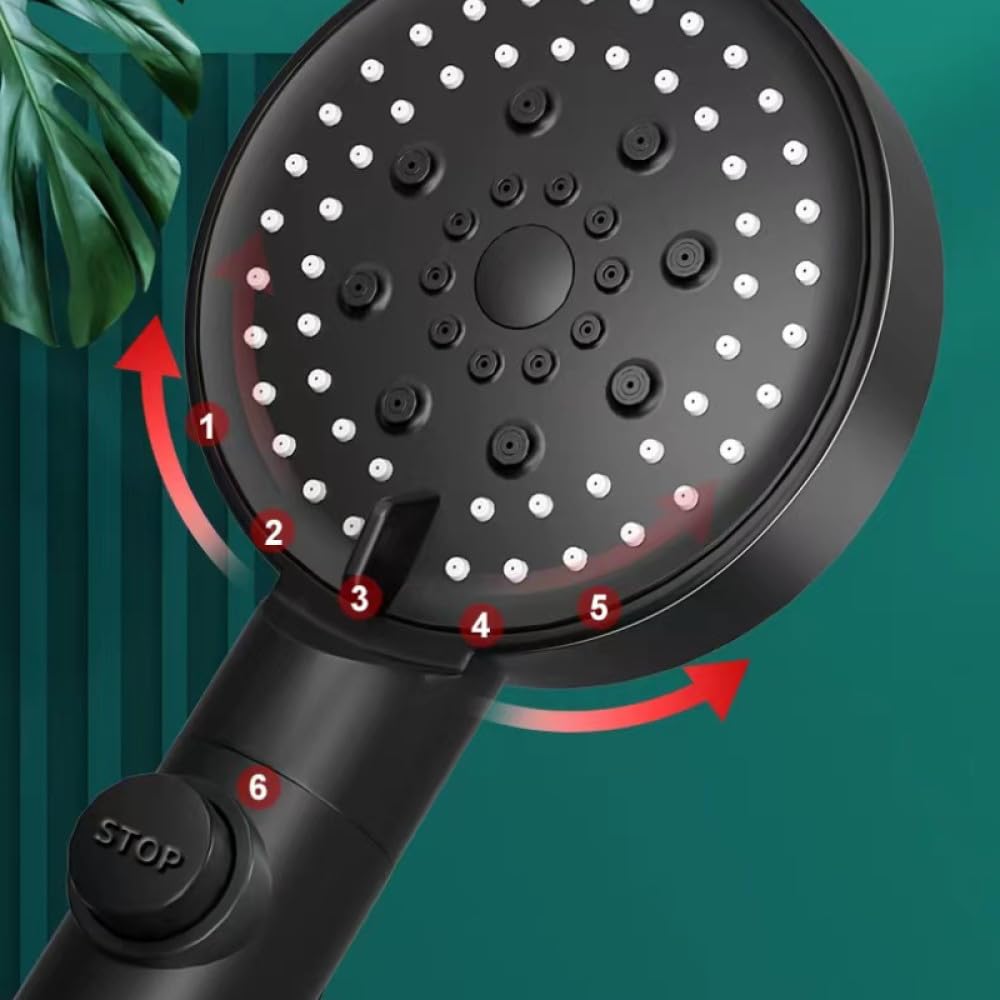 Pommeau de Douche Haute Pression 5 Modes Pommeaux de Douche réglables avec Tuyau Économie d'eau Buse de pulvérisation d'arrêt à Une Touche Accessoires de Salle de Bain, Style 1, Tuyau Noir