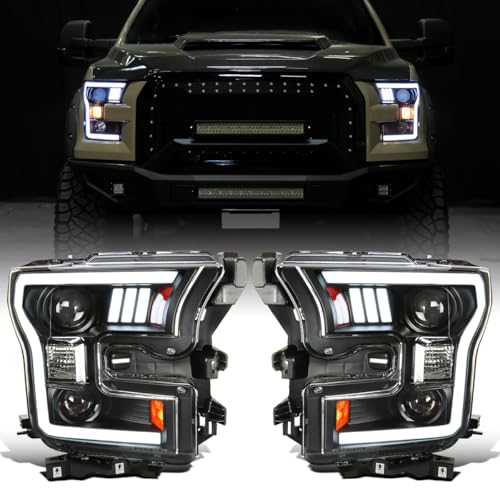 Ronnin - Fits 2015-2017 Ford F150 LED Tube Halogen Dual Projector Headlights Assembly Pair | Black