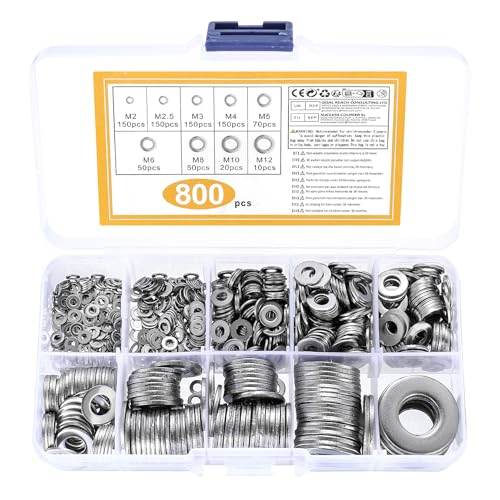 800 x Flach Unterlegscheiben Set, Edelstahl Sicherungsscheiben Beilagscheiben Sortiment, Passscheiben Distanzscheiben Unterlegscheiben für Schrauben, M2 M2.5 M3 M4 M5 M6 M8 M10 M12