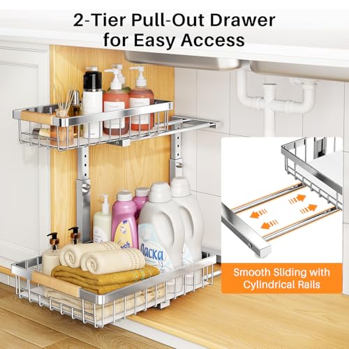 Image of PXRACK Under Sink Organizer, Adjustable Height, 2 Tier Pull Out Cabinet Organizer, Slide Out Thickened Metal Storage for Kitchen Bathroom Laundry Pantry Cabinet, Stainless Steel, Silver, Large-2-Pack