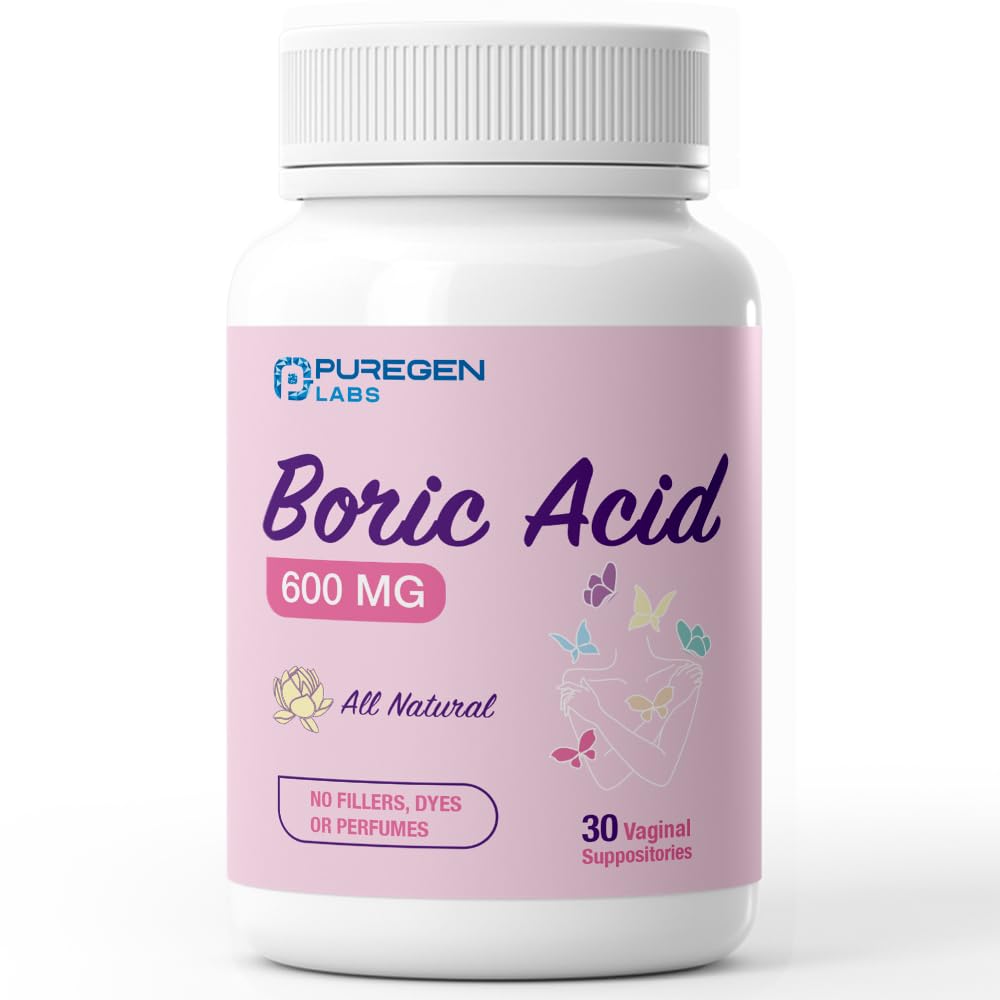 Puregen Labs Boric Acid 600 mg Vaginal Suppositories - 100% Pure | All Natural Without Dyes or Fillers | Made in USA - Supports Vaginal pH Balance and Odor Control (30 Count)