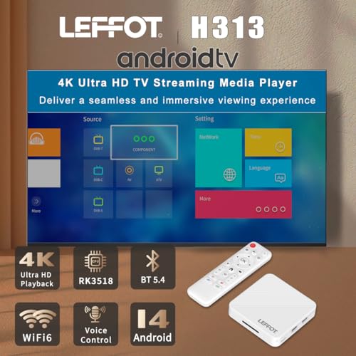 Image of Android 14.0 TV Box 2025, LEFFOT H313 4K Ultra HD Streaming Device for TV | 2GB RAM + 16GB ROM, Smart TV Box with Voice Remote, BT 5.4, USB 3.0, HDR 10, 2.4G & 5G WiFi 6