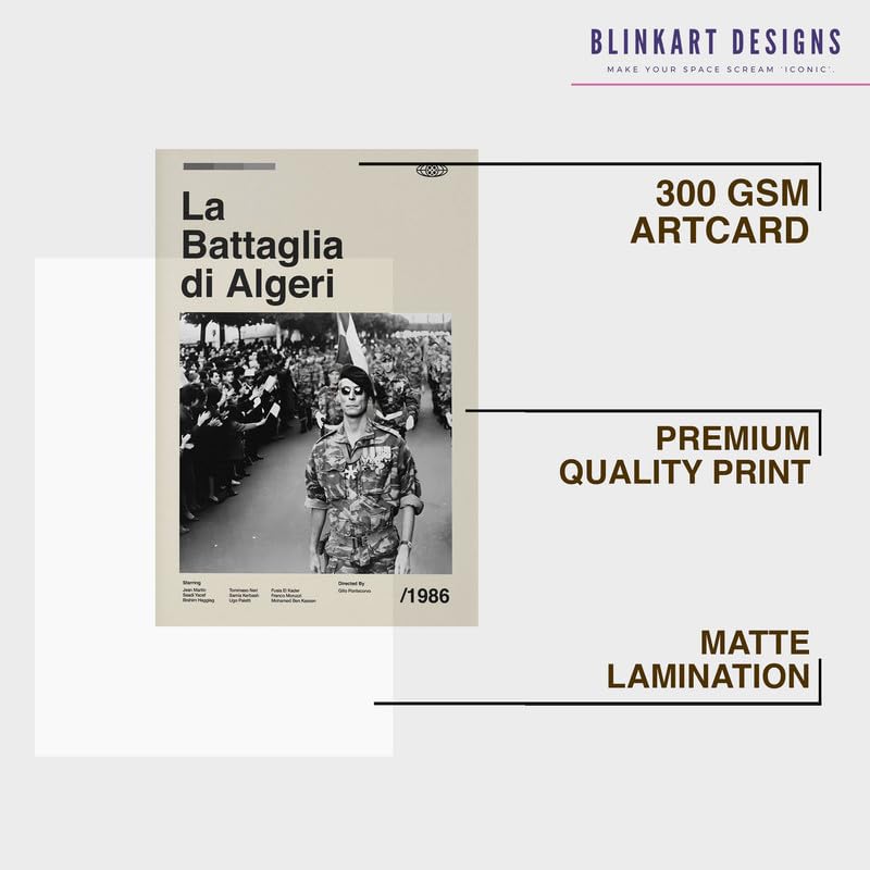 Image of BLINKART La Battaglia Di Movie Poster Frame 8x12 Inch | Premium 300 GSM Paper Wall Print | Mid Century Vintage Film Artwork for Home, Bedroom, Living Room, Office | Framed Photo Decor