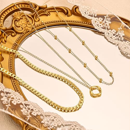 Layered Gold Necklaces for Women, Layering Stackable Dainty 14K Gold Plated Circle Pearl Rectangle Pendant Choker Necklace for Women Trendy Cuban Link Snake Chain Necklace Fashion Jewelry Sets 6