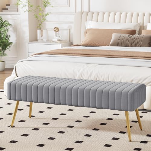 Ckaff Banc Bout de Lit Banquette, Banc d' Entrée Capitonnée Assise Rembourré en Velours 113.5x36.5x43cm avec Pieds en Métal pour Entrée Salon Chambre à...