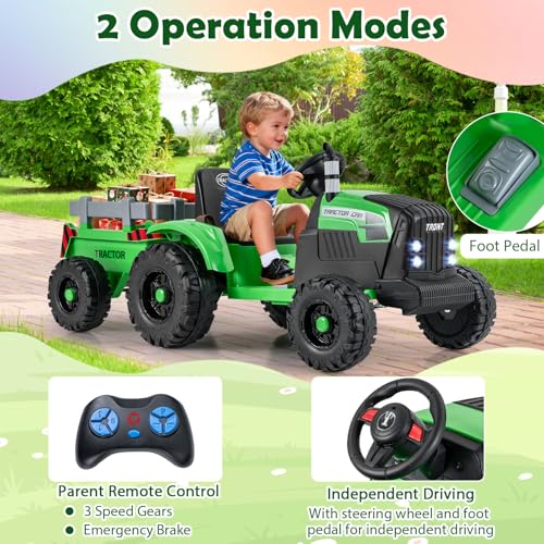 Image of Costzon 24V Ride on Tractor with Detachable Trailer, Kids' Electric Vehicles with 3 Speeds, 15 Climbing, Wireless Design, Horn & Music, Remote Control Tractor Toy for Kids 3+,Gift (24V, Green)