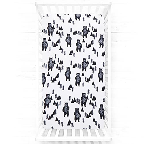 Image of Crib Sheet Bear Baby Boy Forest Theme Fitted Standard Crib Mattress Toddler Nursery Bedding White Black