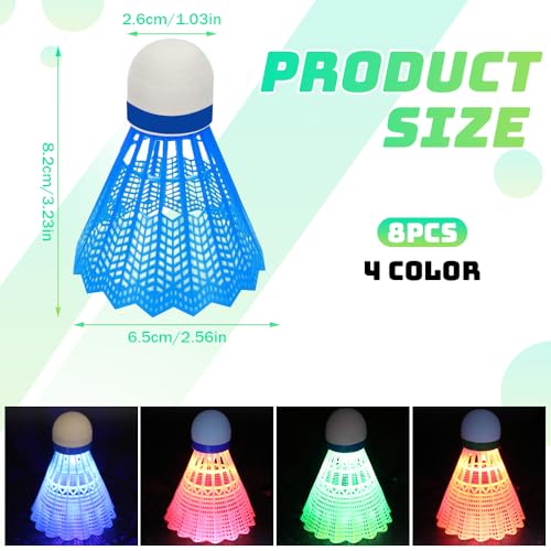 SGZIOO 8 Stück LED Badminton Bälle, 4 Farben LED Nylon Federball Set, Federball Bälle, Leuchtende Federbälle mit Hoher Stabilität und Haltbarkeit für Indoor/Outdoor/Nacht Sportaktivitäten