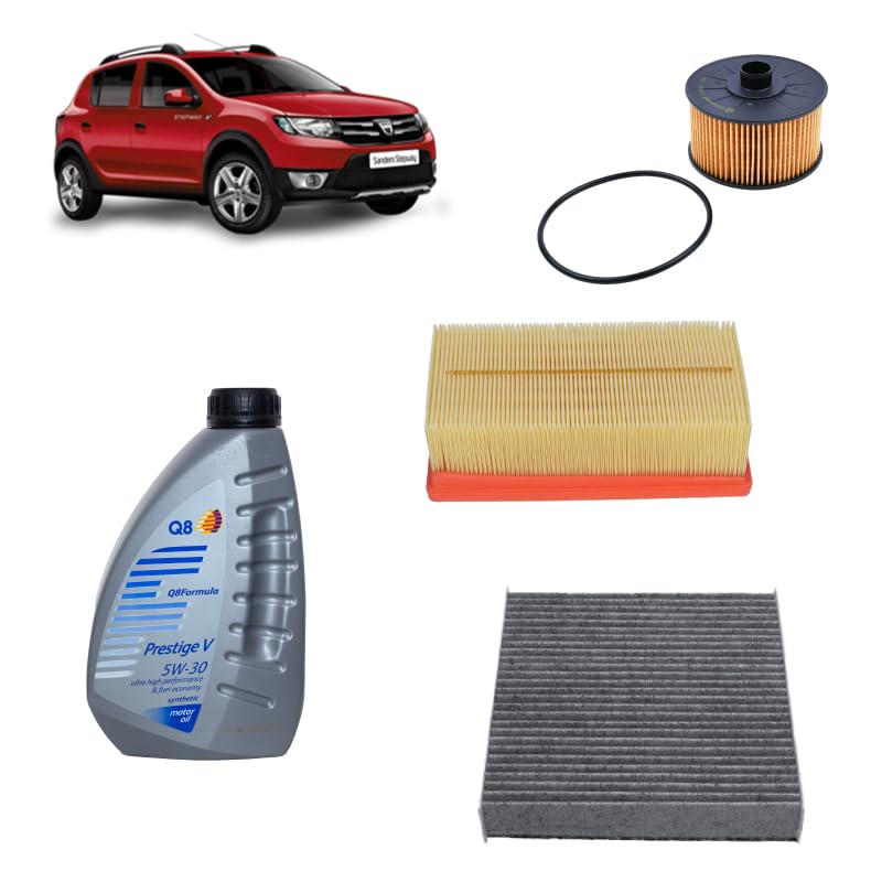 Kit tagliando 3 filtri + 4L olio 5W-30 Q8 Prestige compatibile con Dacia sandero ii TCE 90 Benzina 2012+
