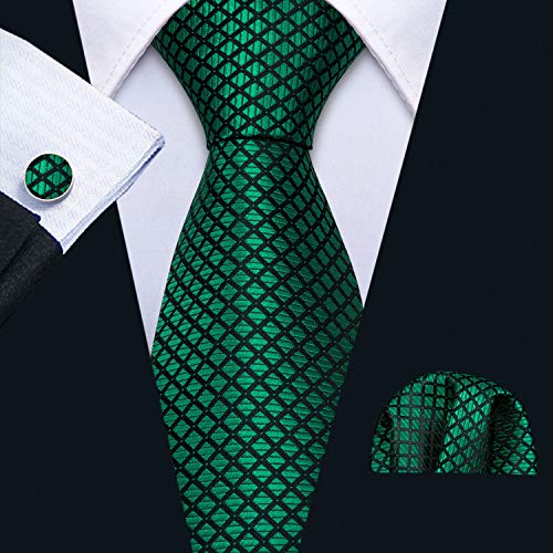 Image of Barry.Wang Plaid Ties Check Mens Necktie Set with Handkerchief Cufflinks Classic Stripe