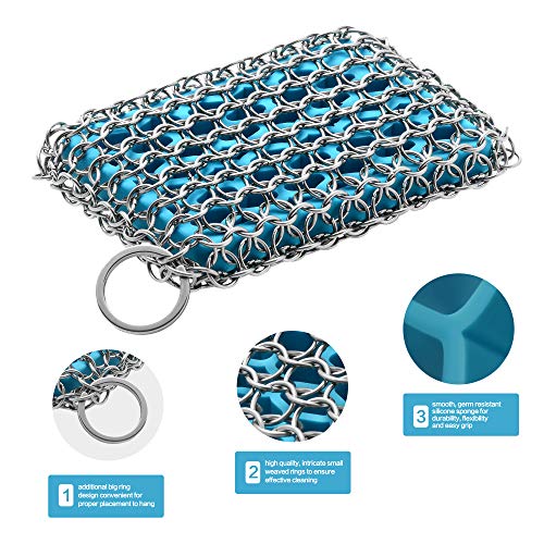 Tapgranz Chainmail Scrubber Pad Premium Cast Iron Cleaner - Skillet, Durable, Flexible Chain Cast Iron Cleaner With Silicone Sponge For Cookware Pans (blue)