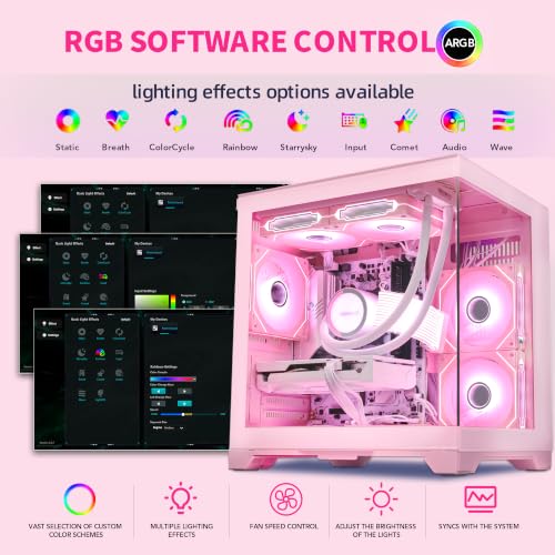 Image of Panorama Prebuilt Gaming PC W /Mouse, AMD Ryzen 7 5700X, GeForce RTX 5060 TI 8GB, 16GB DDR4 RAM, 1TB NVMe SSD, 240mm AIO & Software Control ARGB Fans, Windows 11 Desktop Computer, Pink