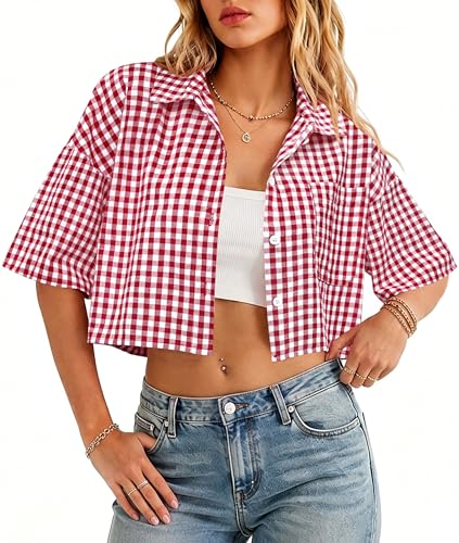 Dookttker Women Cotton Gingham Button Down Cropped Shirts Lightweight Blouse Short Sleeve Tops Summer Casual Outfits