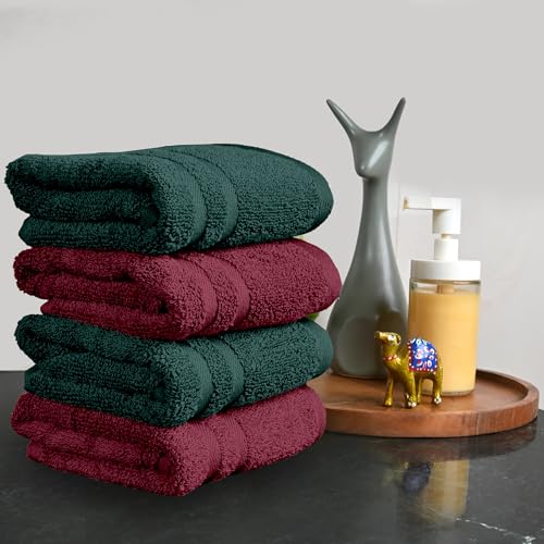 Image of Divine Casa Cotton Hand Towels Pack of 4 Maroon & Green, 550 GSM Ultra Soft & Highly Absorbent Thick Bathroom Towels, 60 x 40 cm