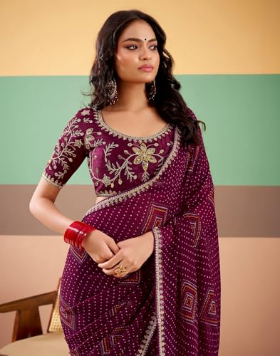 Image of SIRIL Women's Georgette Bandhani Printed, Embroidery Lace Saree With Unstitched Blouse Piece