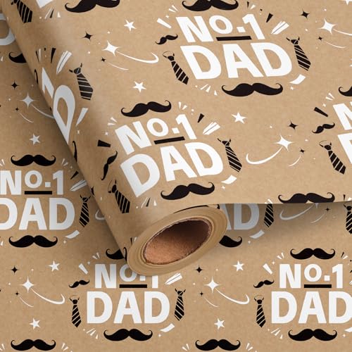 Vnaaem Kraft Fathers Day Wrapping Paper Roll for Dad Men Gradpa - Vintge Gift Wrap with No.1 Tie Mustache Design for Fathers Day Party Supplies Ceremony Celebration(Total 28.5sq.ft)