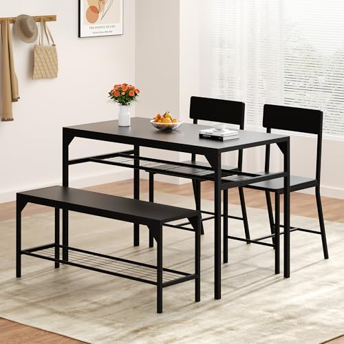 Shintenchi Kitchen Table Chairs Set of 4, Dining Table Set for 4 with Bench and Chairs, 4 Pieces Kitchen Table Set with Storage Rack & Metal Frame for Small Space, Black - Image 3