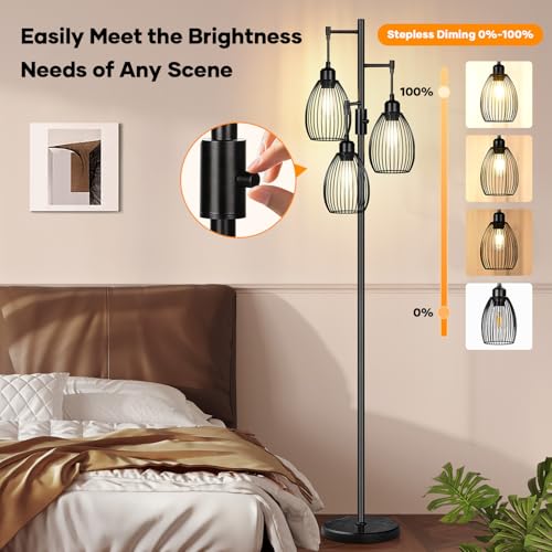 Image of Dimmable Floor Lamp,3x800LM LED Bulbs Included, Farmhouse Industrial Floor Lamp Standing Tree Lamp with Teardrop Cage Head Tall Lamp for Living Room Bedroom Office Dining Room - Black & Marble Base