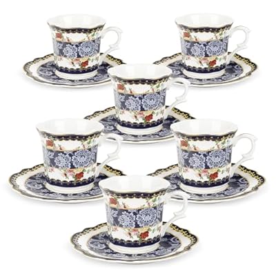 fanquare 6-Piece Porcelain Espresso Coffee Cups(2.7oz), Bone China Floral Tea Cups and Saucers Set of 6 for Afternoon Tea Party Adults, Ceramic Demitasse Cups, Blue