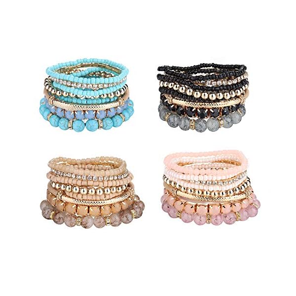 SAILIMUE 4 Sets Bohemian Stackable Bead Bracelets for Women Multicolor Stretch Beaded Bracelets Layered , Adjustable Bracelet Pink Black Turquoise Stretch Bracelets