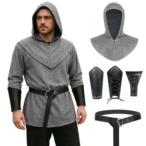 Renaissance Chain Mail Armor Tunic Shirt Medieval Knight Costume Set (Silver Large)