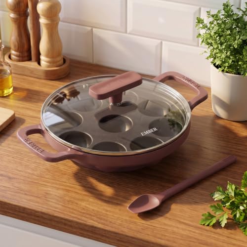 Image of Ember Pre-Seasoned Cast Iron Appe Pan 20 cm with Glass Lid | 9 Cavities | Ready to Cook Paniyaram Pan | Low-Oil Paddu Maker | Terracotta