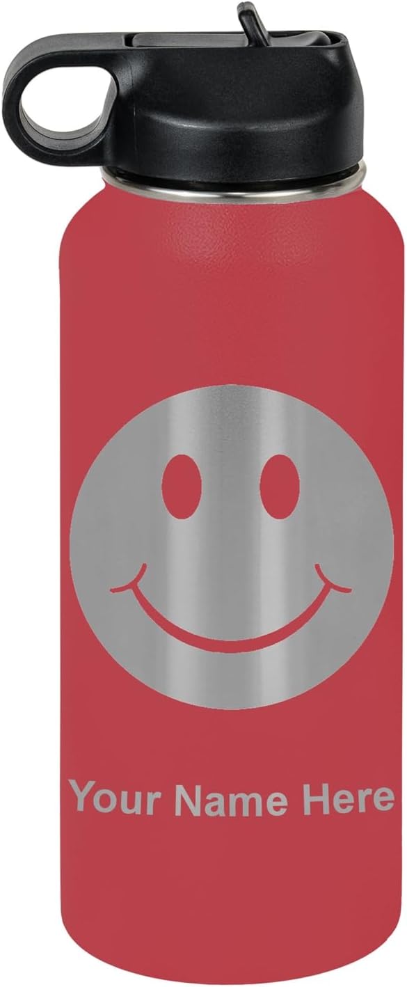 LaserGram Personalized Water Bottle, Happy Face, Stainless Steel Double Wall Vacuum Insulated with Flip Top Straw, Custom Engraved Gift (32oz / 950ml Maroon)