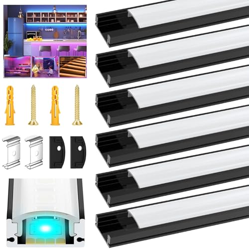 VEANANO LED Profile Diffuser for Led Strip Light Trunking 6Pack 3.3FT/1M Black U-Shape Aluminum Channel with Milky White Cover, End Caps and Mounting Clips Easy Installation