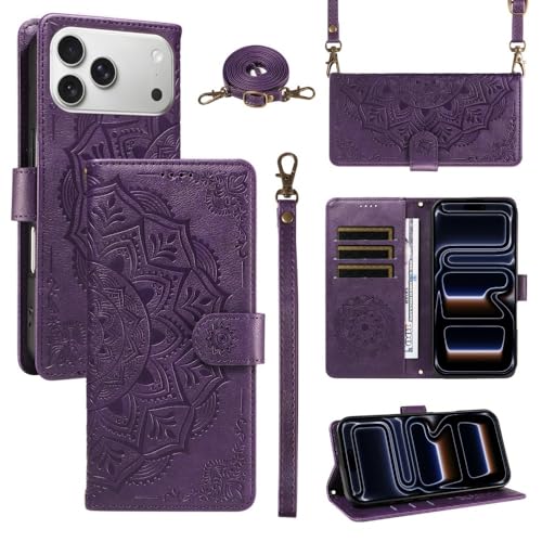 Étui iPhone 14 Pro violet : fini les chutes de téléphone grâce au portefeuille cuir à sangle