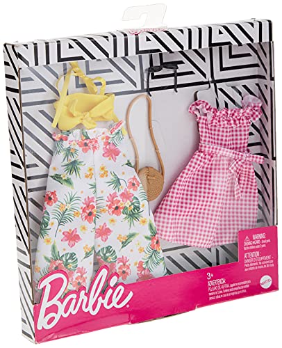 Barbie Fashions 2-Pack Clothing Set, 2 Outfits Doll Include Floral Wide-Legged Pants, a Yellow Bandeau Top, Pink Gingham Dress & 2 Accessories, for Kids 3 to 8 Years Old