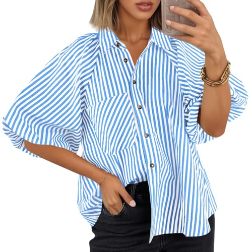 Image of Tankaneo Womens Short Puff Sleeve Button Down Shirts Striped Trendy Casual Loose Fit Blouse V Neck Collared Tops