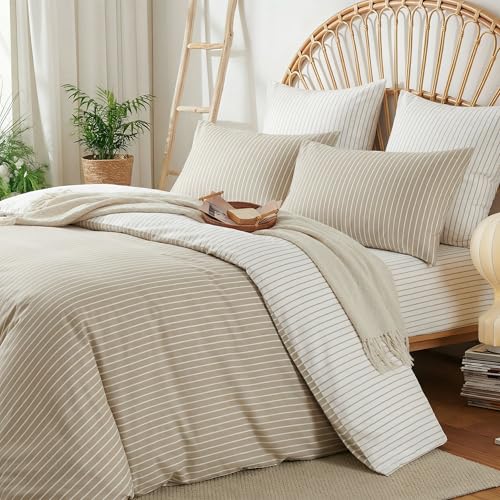 Image of Nayoroom Striped Duvet Cover Queen Size Reversible Brown White Striped Duvet Cover Girls Dorm Bedding Set 3 Pieces Soft Lightweight Washed Microfiber Farmhouse Bedding Set