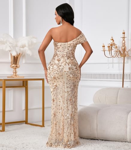 Image of Cololura Women Sexy Sequin One Shoulder Mermaid Formal Party Cocktail Gowns Bodycon Evening Maxi Dress