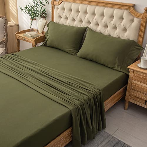 PURE ERA Jersey Knit 4pc Bed Sheet Set 100% T-Shirt Heather Cotton Super Soft Comfy Breathable Fits Mattress Up to 20" Extra Deep Pocket(Olive Green, Queen)