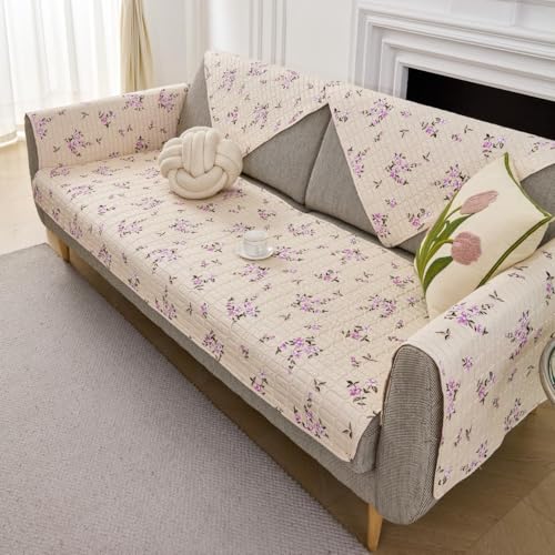 Image of HOMETHREADS Anti-Skid Sofa Protector Mat: Premium Printed Cotton Slipcover with Strong PVC Non-Slip Backing, (Beige Purple, 2 Seater Small | 120x75cm)