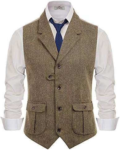 PJ PAUL JONES Mens 1920s Herringbone Tweed Vest Western Notched Collar Waistcoat Coffee 2XL