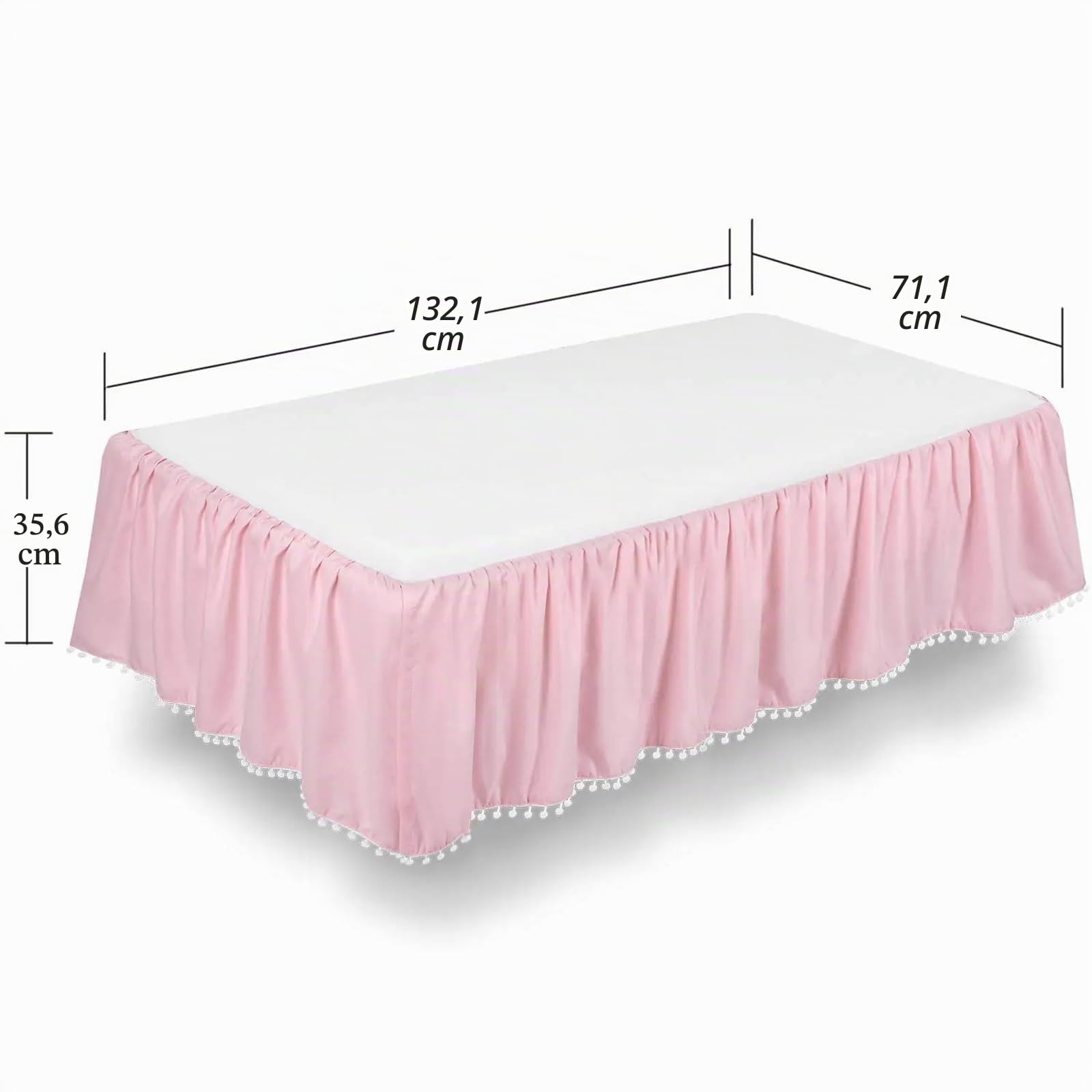 Jupe De Berceau Jupe de Berceau avec Pompons – Literie for Tout-Petits for garçons et Filles, élastique sur 4 côtés – 35,6 cm de Hauteur(White,60x 120 x 36 cm)